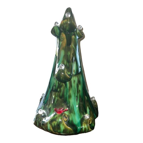 Glazed Ceramic Green Jolly Christmas Tree w/ Red Bird & Clear Ornaments EUC - Picture 2 of 8